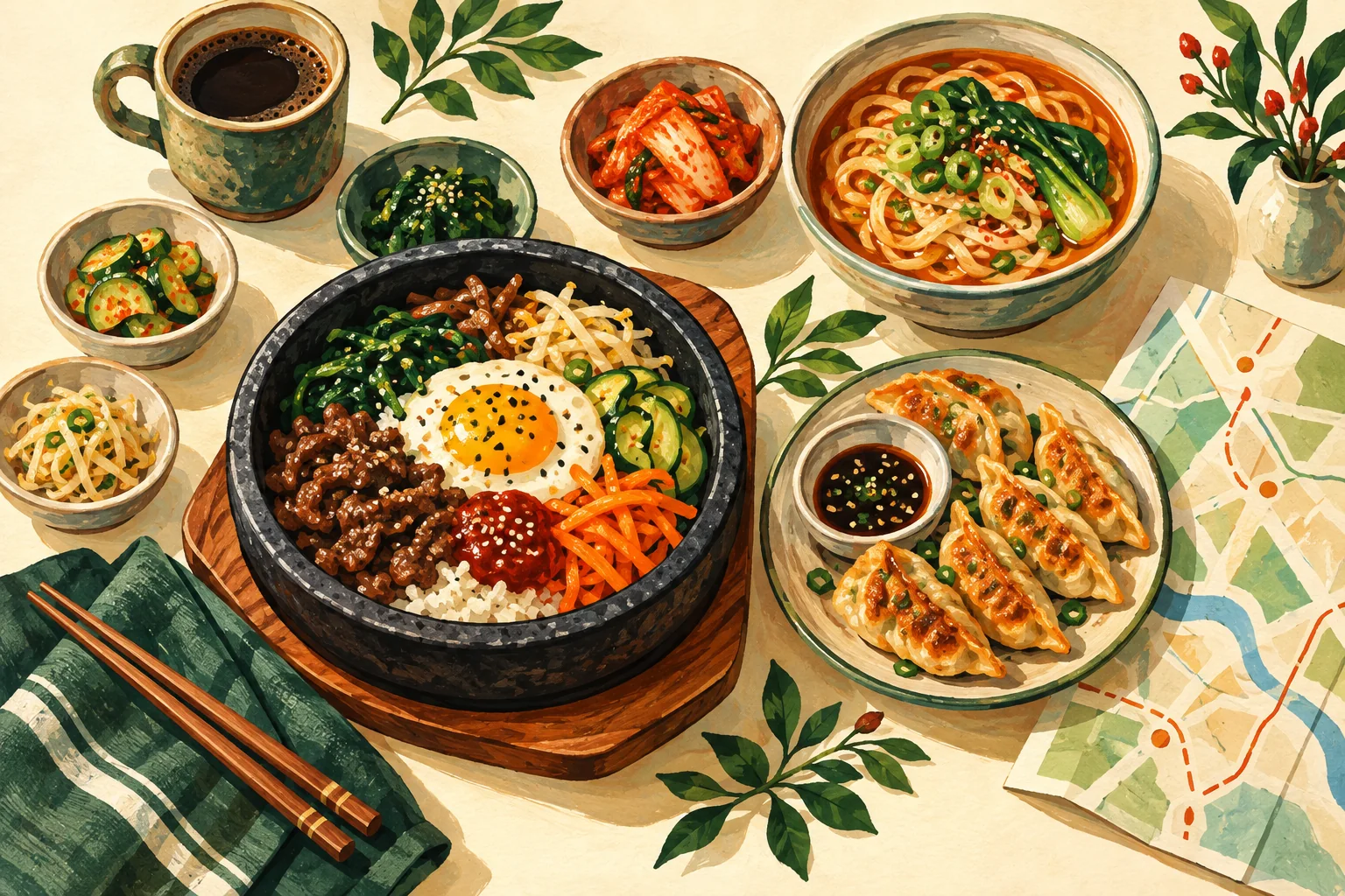 비빔밥, 만두, 면요리와 커피를 함께 담은 음식 일러스트